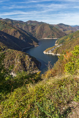 Fototapeta na wymiar Autumn Panorama of Tsankov kamak Reservoir, Smolyan Region, Bulgaria