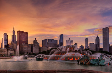 Chicago Skyline at Sunset - obrazy, fototapety, plakaty