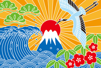 富士山と鶴と海　年賀状素材