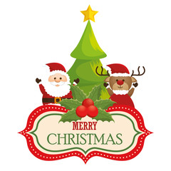 greeting card merry christmas santa reindeer and pine vector illustration eps 10