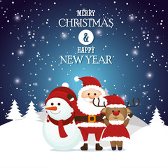 postcard merry christmas and happy new year santa snowman reindeer landscape snow vector illustration