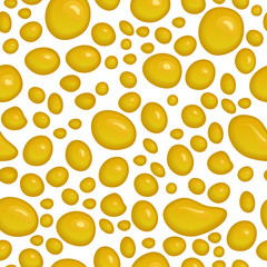 Honey shiny drops vector illustration. Abstract background with droplets of yellow liquid. Oil paint drips. Gold chaotic spot and splash of melted caramel. Seamless pattern of cartoon design.