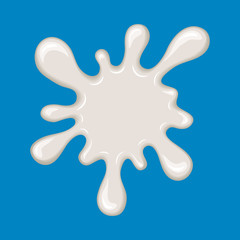 Vector milk splash. Drop of white liquid isolated on blue background. Splashing of milky drink, yogurt or cream. Cartoon design. Graphic element for banner or sticker.