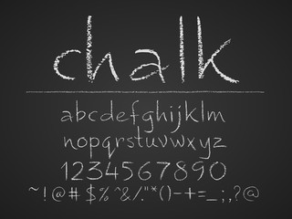 Fototapeta na wymiar Lowercase letters, numbers and symbols hand drawn on chalkboard