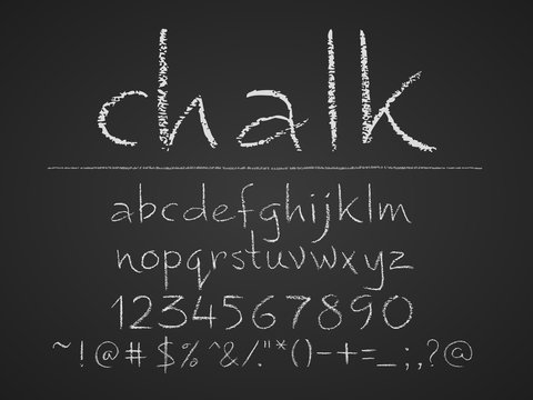 Lowercase letters, numbers and symbols hand drawn on chalkboard