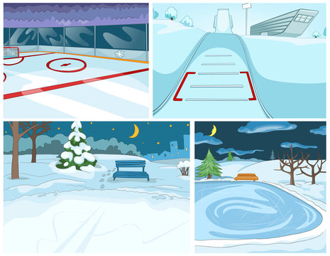 Vector cartoon set of winter backgrounds.