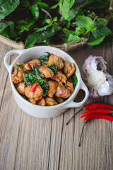Stir Fried Basil Cicken on wooden, Thai Famous Food, Thai Street