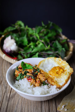 Stir Fried Basil Cicken with Rice and Egg on wooden, Thai Famous