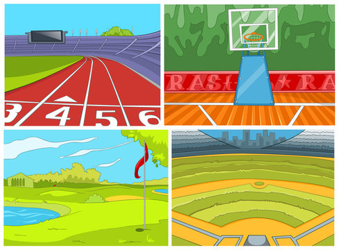 Cartoon set of sport infrastructure backgrounds.