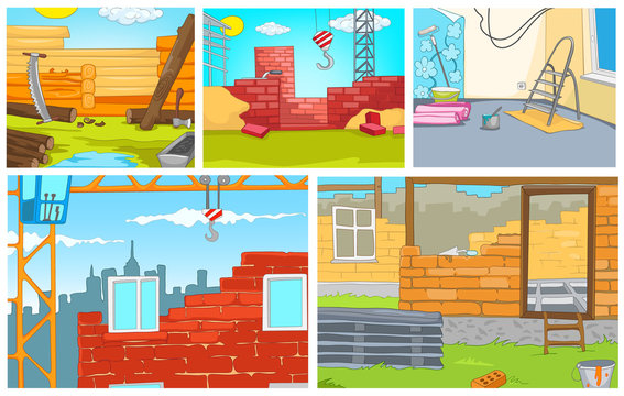 Cartoon set of backgrounds - construction sites.