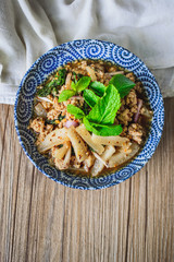 Thai Spicy Minced Pork on Wood Background, Thai Food on Wood Bac