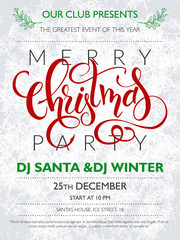 Vector christmas party poster with lettering greetings word - christmas on frozen, frosty background from snowflakes