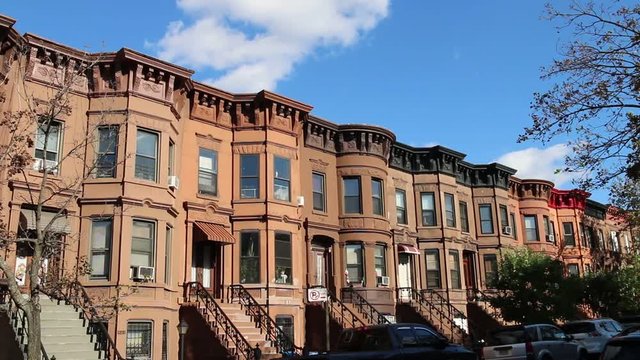 Brownstone Row Clear Sky In Brooklyn Park Slope