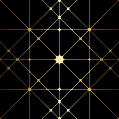 Vector seamless pattern. Abstract geometric texture. Linear geometric background with smoothed intersections. Golden lines on a black background.
