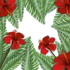 Fototapete Rund red tropical flowers with green leaves over white background. vector illustration © grgroup