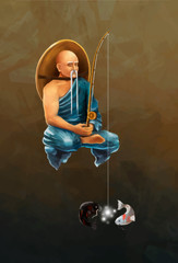 Asian monk with fishing rod catches koi carps, conceptual illustration