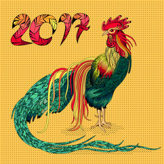New year and Christmas background with colourful rooster and numbers: 2017. Bright poster.Greeting card.