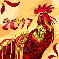 New year and Christmas background with colourful rooster and numbers: 2017. Bright poster.Greeting card.