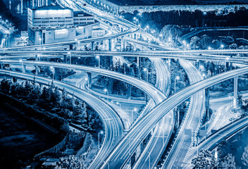 Aerial View of Shanghai overpass at Night in China.