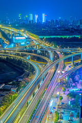 Aerial View of Shanghai overpass at Night in China.