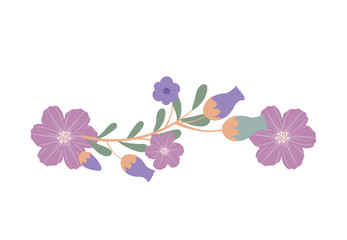 beautiful blue and purple flowers with  leaves over white background. vector illustration