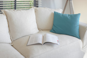 Book on white sofa and green pillow in living room