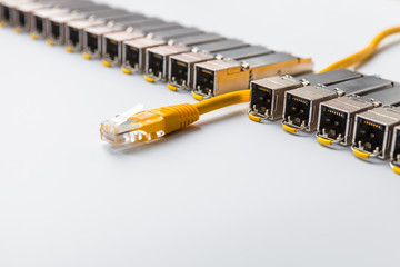 Internet SFP (Small Form-factor Pluggable)  network modules for network switch. Concept of internet...