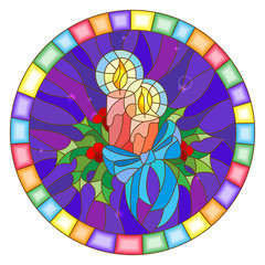 Obraz premium Illustration in stained glass style with candles and Holly branches on a blue background, round picture frame