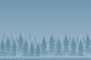 Silhouettes of trees on a snowy blue background.