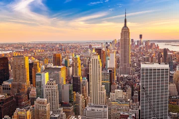 Poster de jardin New York Vue aérienne de New York City Manhattan au coucher du soleil