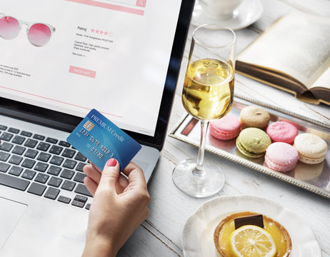 Online Shopping Purchase Credit Champagne Dessert Concept