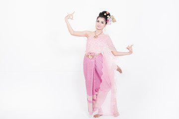 Woman costume Thailand shows a dance on a white background.