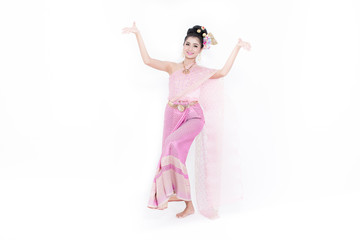 Woman costume Thailand shows a dance on a white background.