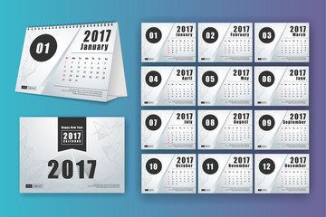 12 month desk calendar template for print design with mesh polygon background. 2017 calendar design start with Sunday. 7x5 inches size with bleeds vector illustration