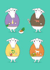 Cartoon white sheeps with colorful pullovers