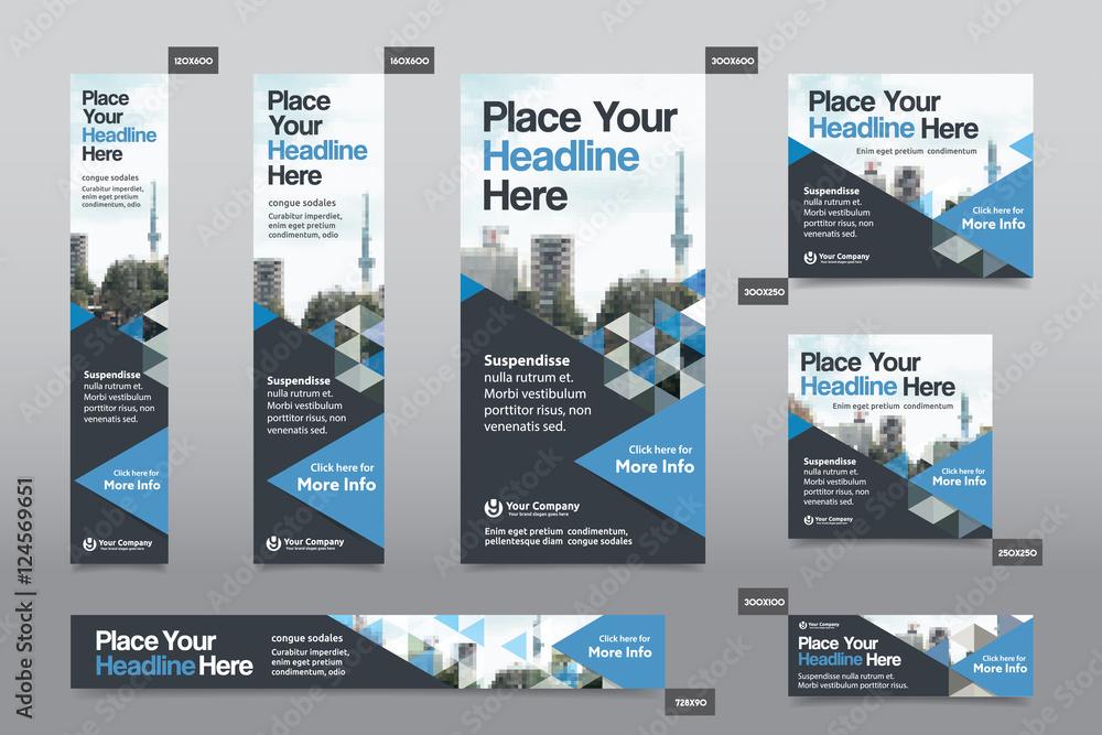 Wall mural blue color scheme with city background corporate web banner template in multiple sizes. easy to adap