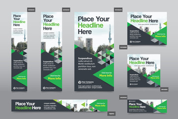 Green Color Scheme with City Background Corporate Web Banner Template in multiple sizes. Easy to adapt to Brochure, Annual Report, Magazine, Poster, Corporate Advertising Media, Flyer, Website.