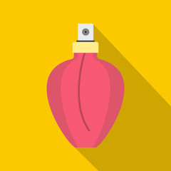 Pink female perfume flacon icon. Flat illustration of female perfume flacon vector icon for web isolated on yellow background