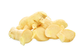 fresh young ginger with slices isolated on white