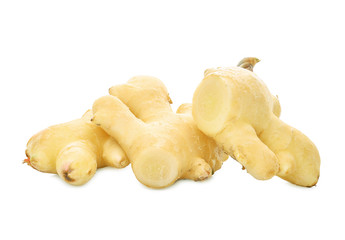 fresh young ginger with slices isolated on white