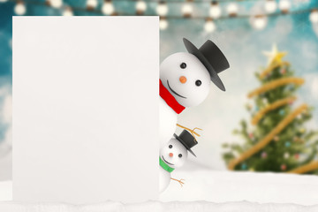 snowman hiding with christmas decoration background