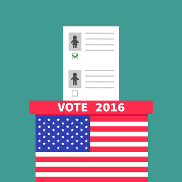 American flag Ballot Voting box with paper blank bulletin Man Woman concept. Polling station. President election day Vote 2016. Green background Flat design Card