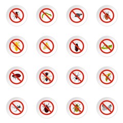 No insect sign icons set. Flat illustration of 16 no insect sign vector icons for web