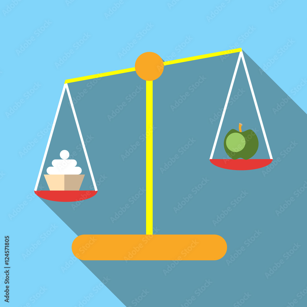Poster scales with cookies and apple icon. flat illustration of scales with cookies and apple vector icon f