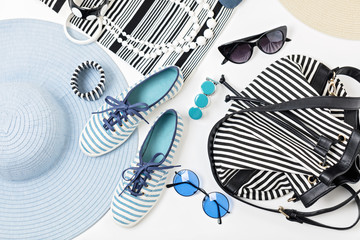 Fashion accessories in black and white and blue colors - hat clo