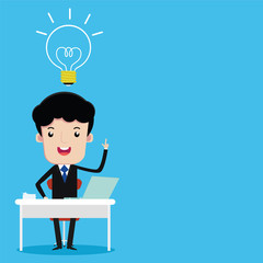 Businessman sitting at the desk work and a big idea, vector cartoon