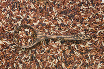 wood spoon and brown rice background