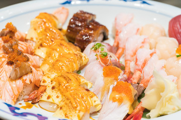 Close up and Selective focus point on Seafood sushi japanese food style
