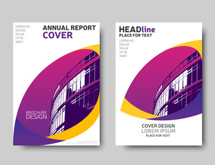 Yellow and purple annual report, brochure design. Colorful flyer layout.