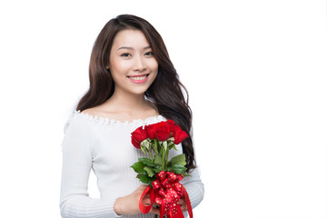 portrait of attractive asian smiling young woman isolated on whi